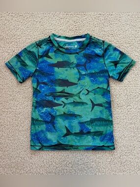 Reel Legends Boys Green & Blue Shark Print Kids Swim Shirt Size 5